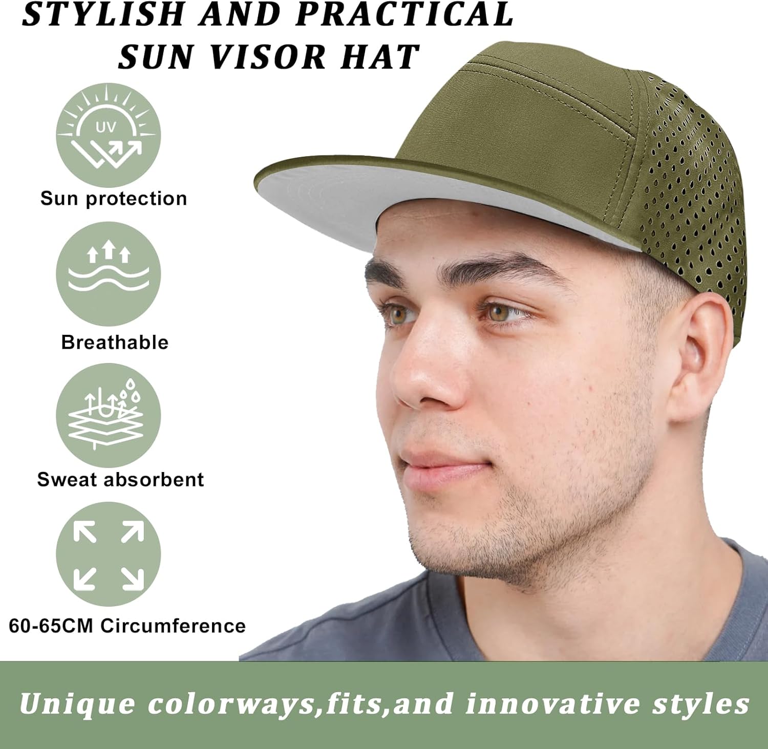 XXL Flat Brim 5 Panel Hats for Men Performance Snapback Hats Quick Dry Laser Perforated Trucker Hat for Big Head - Image 2