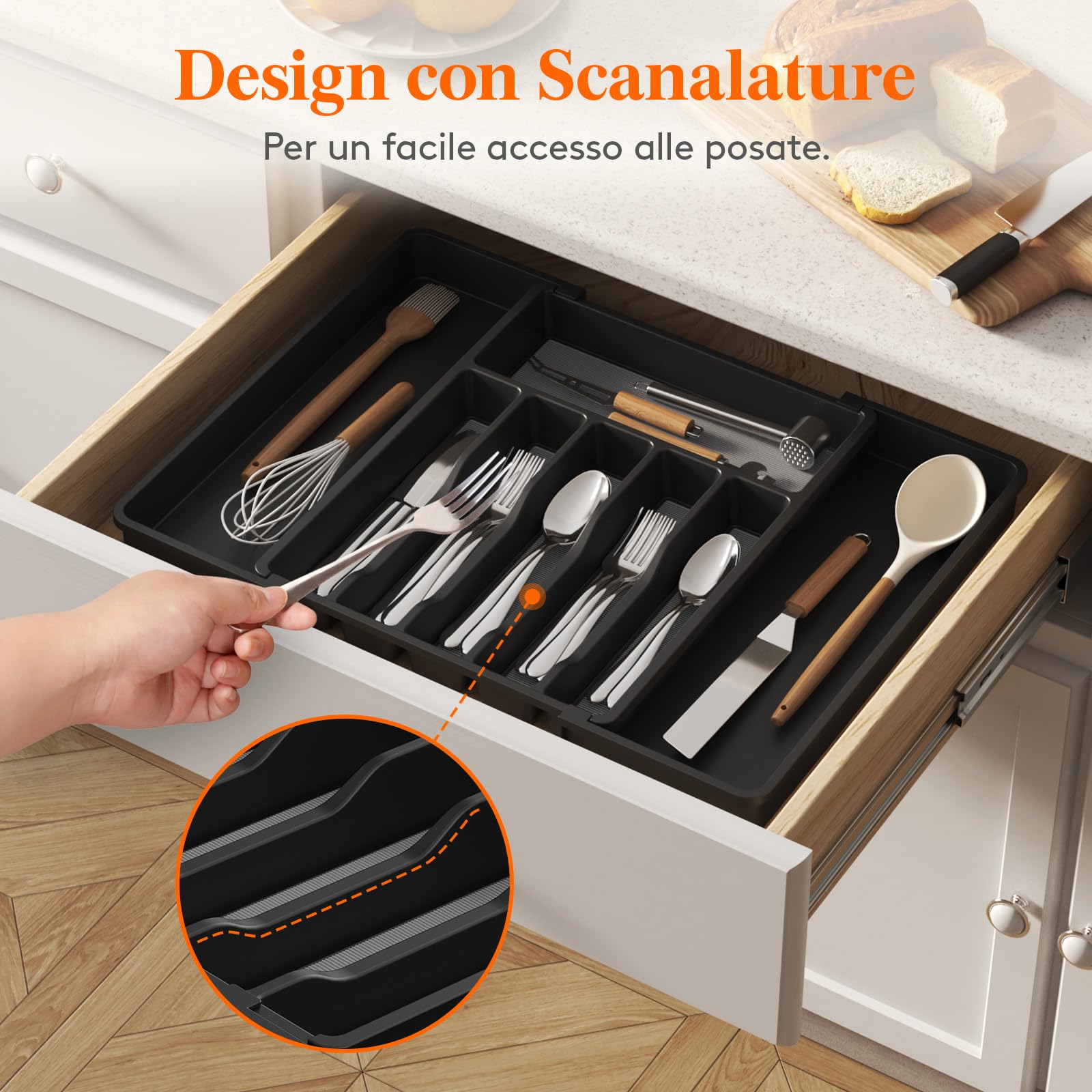 Lifewit Portaposate da Cassetto Espandibile, Larghezza 33-57 cm, Organizer Utensili per Cucina Salvaspazio, Accessori Cucina per Cucchiai, Forchette, Profondità 42,4 cm, con TPR Antiscivolo, Nero