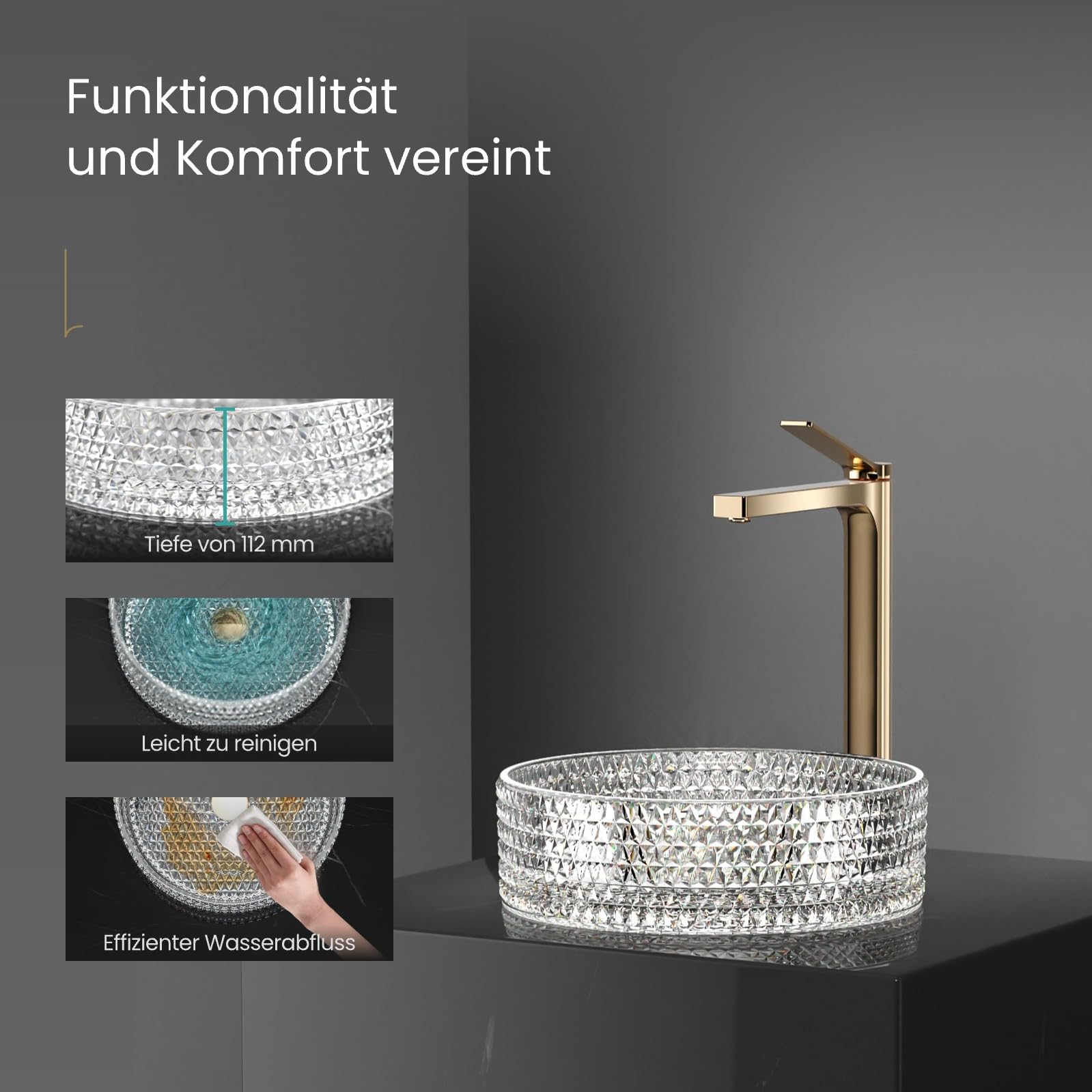 EMKE Lavabo de cristal redondo, lavabo de cristal transparente, 36 x 36 x 11,2 cm, lavabo de mano de alta calidad para baño y aseo de invitados, lavabo sin orificio para grifo