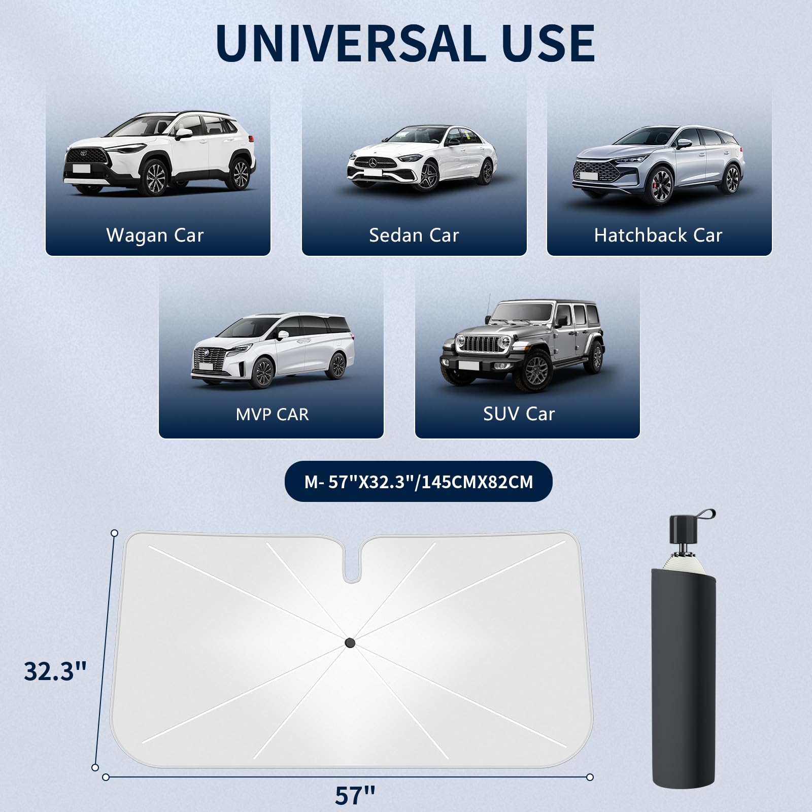 Tecoom - Ombrello parasole per parabrezza dell'auto, 144,8 x 81,3 cm, pieghevole, con blocco UV, isolamento termico, protezione solare interna dell'auto, universale, per auto, camion, SUV