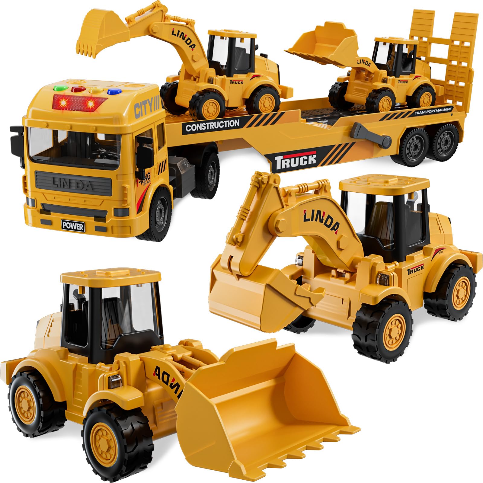 3-in-1 Excavator Bulldozer Engineering Semi-Truck Toy Set for Boy Gift Age 3 4 5 6 7 Large Transport Vehicle Road Trailer Truck Loader Kids Play Inertia Construction Toy Toddlers Digger Sound Light