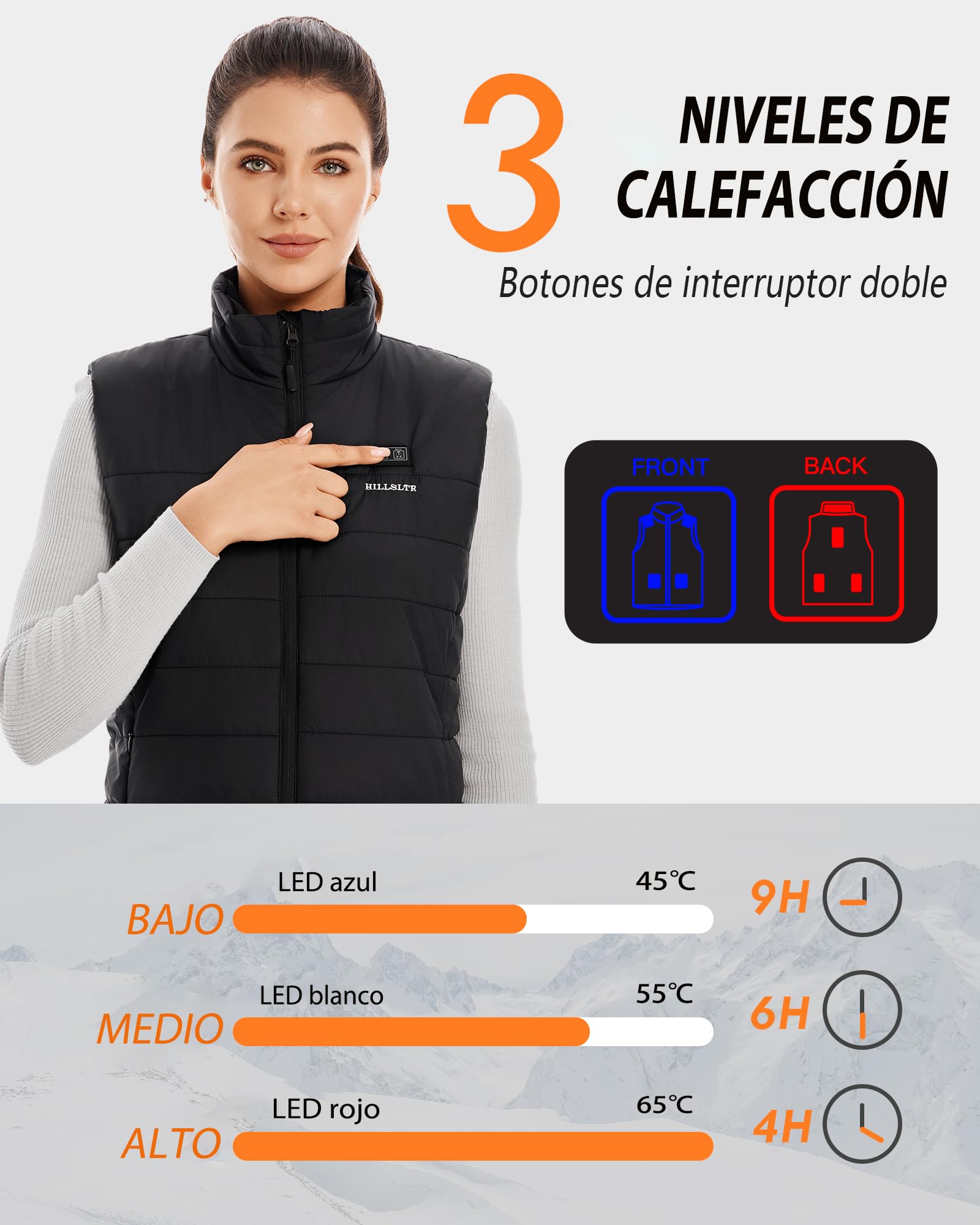Chaleco calefactable, Chaleco Calefactable Mujer con Batería de 16000 mAh 3.7V, Chaleco Térmico con 8 Zonas de Calor, Chaleco Calefactable para Esquiar/Caminar al Aire Libre
