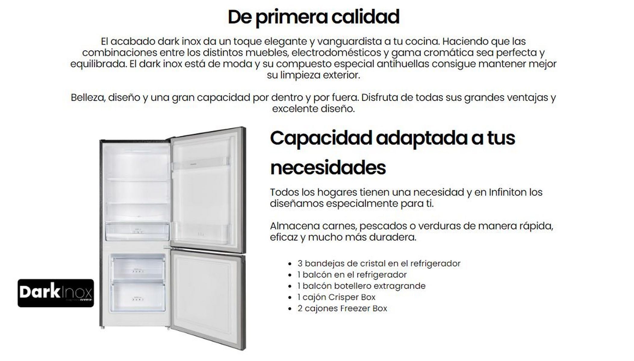 INFINITON Frigorifico Combi FGC-210C14DEK, 205 Litros, 144 cm de Altura, E, Fast Freezing, Tirador integrado, Puerta reversible, Acabado DARK INOX