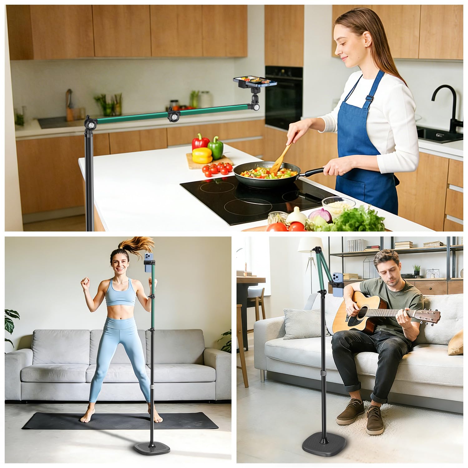 Trepied Smartphone Bureau, Hauteur 164 cm Porte Telephone, Support Telephone pour Filmer, 3 Réglages .Idéal pour Enregistrer des Vidéos TikTok et Diffuser en Direct Votre Vie en Cuisine. (Agrafe)