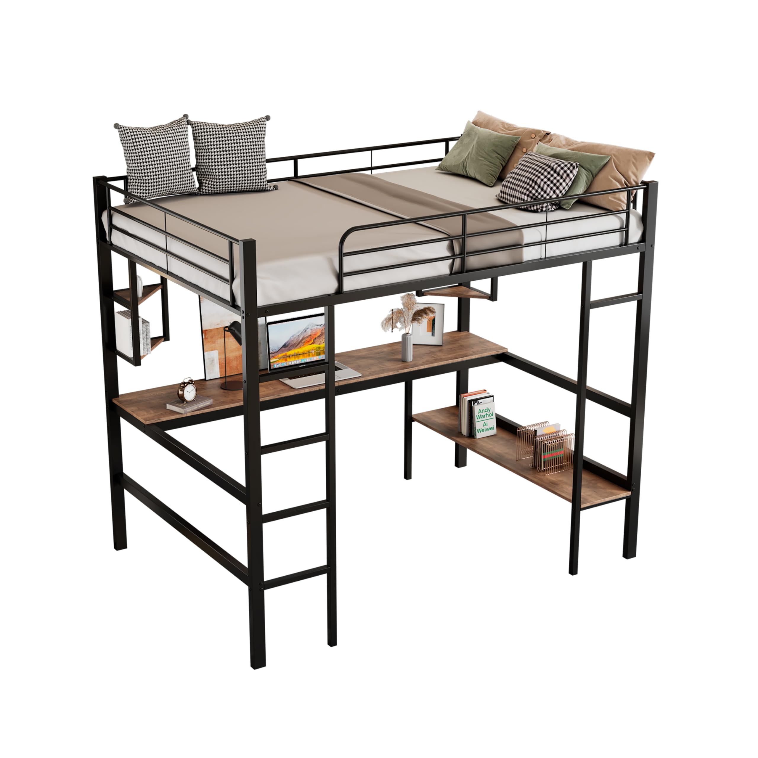 Azkoeesy Letto a soppalco in metallo, 90 x 200 cm, letto alto con scrivania 200 cm, scaffale per libri, per adolescenti e adulti, colore nero (90 x 200 cm)