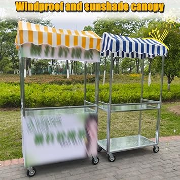 YVYKFZD Rolling Vending Cart with Striped Canopy, 2-Tier Iron Frame Street Food Cart, Folding Market Stall Frame with Lockable Wheels, Portable Vendor Carts for Events(Green,120x60cm/47.2x23.6)