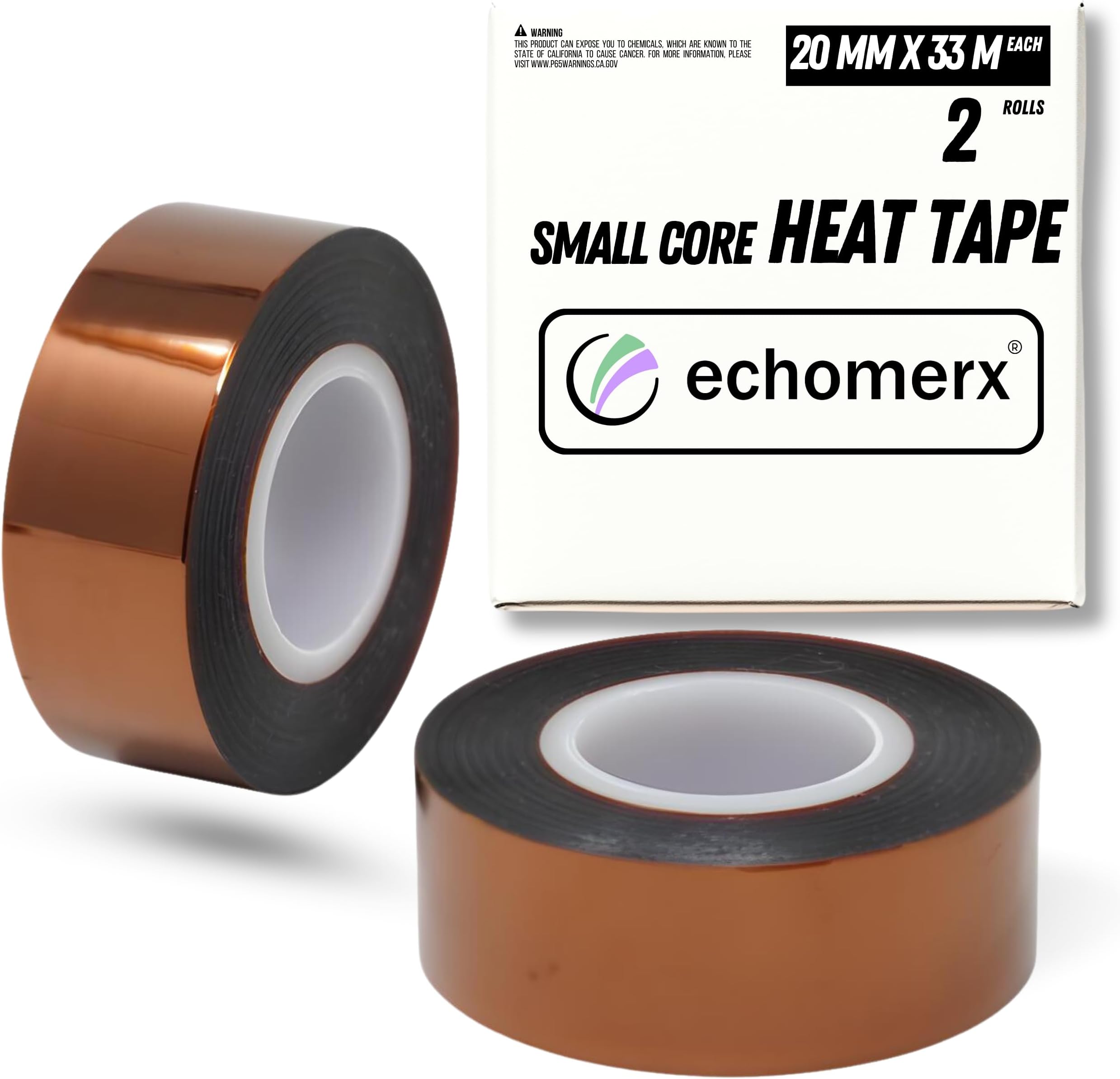 1" Small Core Heat Resistant Tapes - Best for Echomerx Heat Tape Dispenser, Scotch Tape Dispenser, Max. 220°C (428°F), 20 mm x 33 m (108 ft.) roll ea, No Residue, Pack of 2, Heat Tape Only