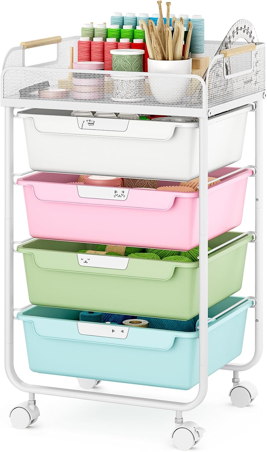 SYKIARIOL 4 Drawer Rolling Utility Craft Storage Organizer Cart with Convenient Mesh Top, Art Supplies Storage Cart with 4 DIY Labels for Home Office Classroom Bedroom Kids, Gradient Green