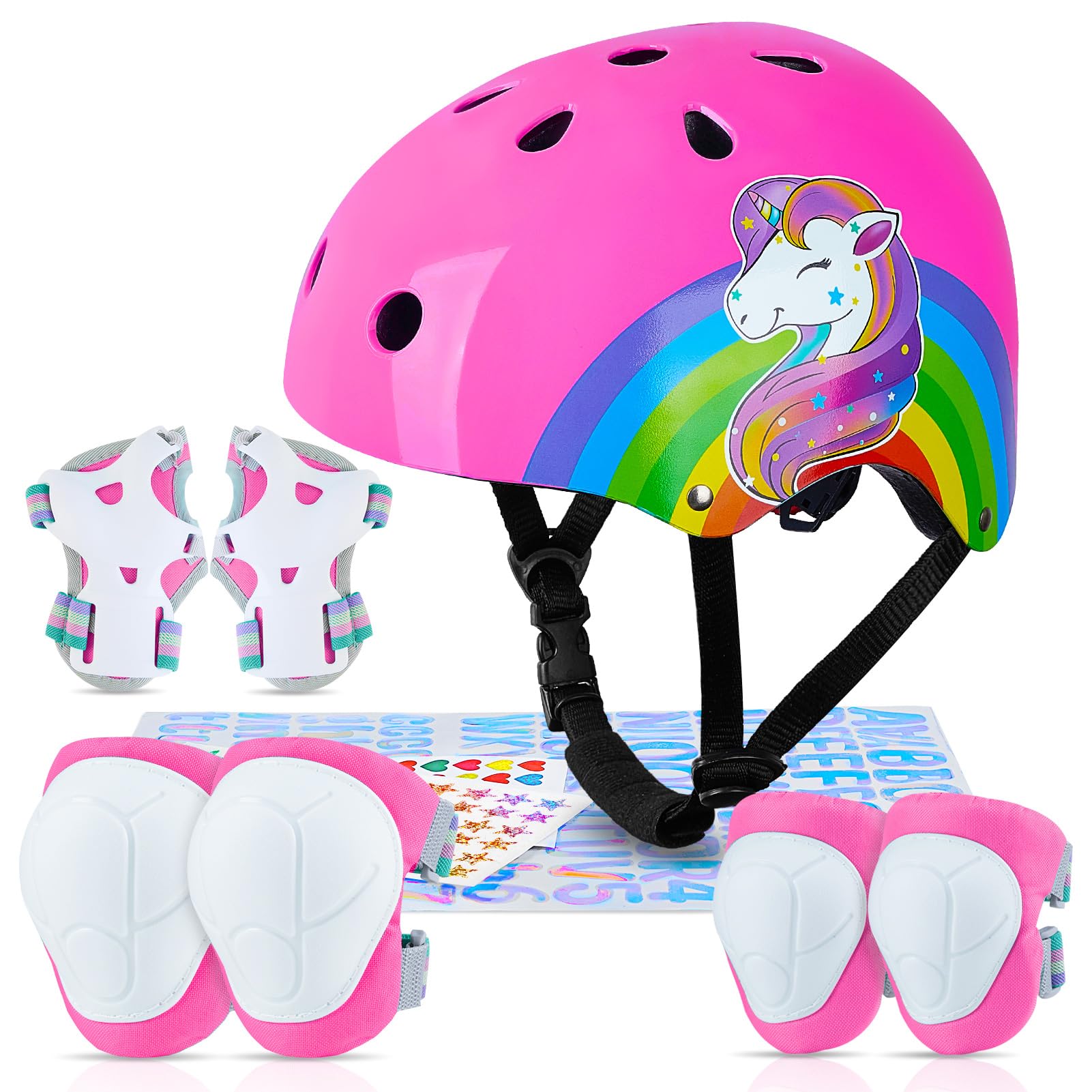 MHJY Casco Bicicleta Niño Casco de Bici Edad 3-8 Años Rodilleras y Coderas de Unicornio Equipo de Protección Ajustable con Pegatinas DIY para Niñas Ciclismo, Skate, Patinete, Patines