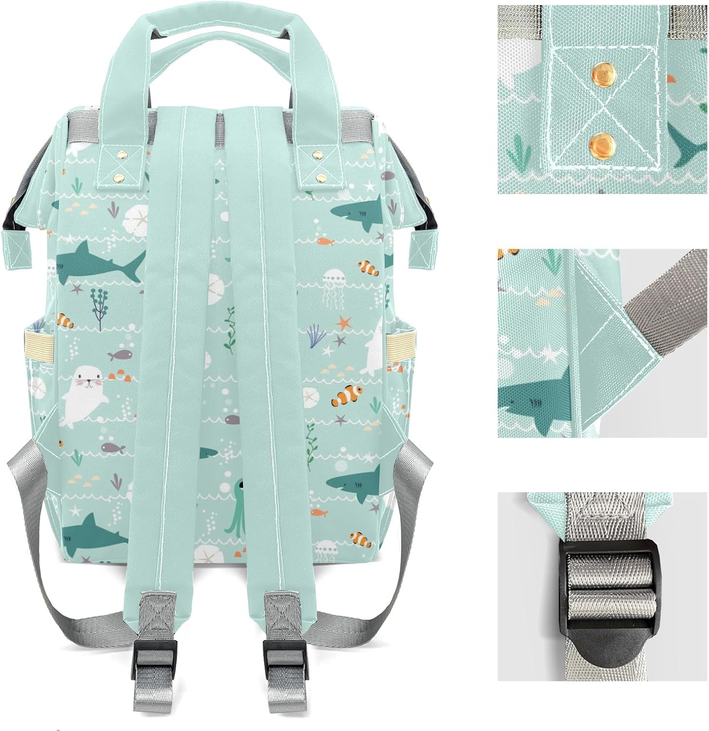 Ocean Nautical Sea Life Customizable Large Capacity Diaper Bag Personalized Name,Waterproof Multi-Function Mommy Bag with Thermal Pockets for Girls Boys