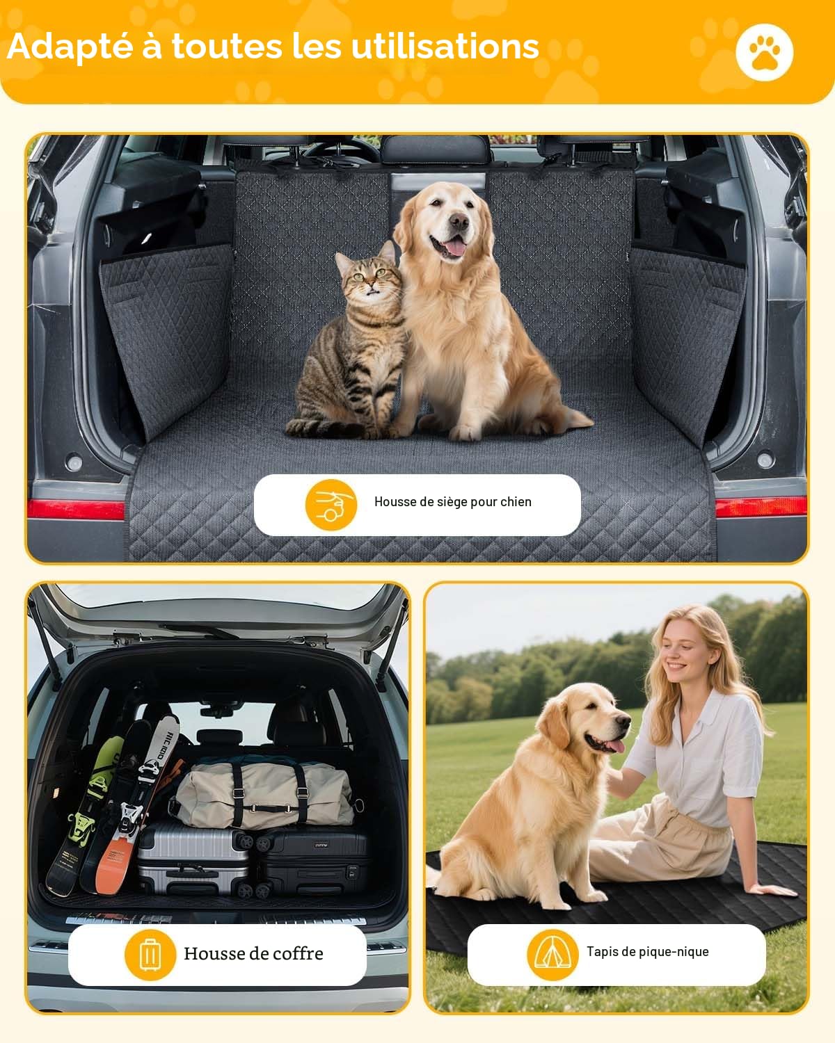Protection Coffre Voiture pour Chien - Tapis Imperméable et Antidérapant avec Rabats Latéraux et Pare-Chocs, Couverture Résistante et Facile à Nettoyer pour Coffre SUV - Noir
