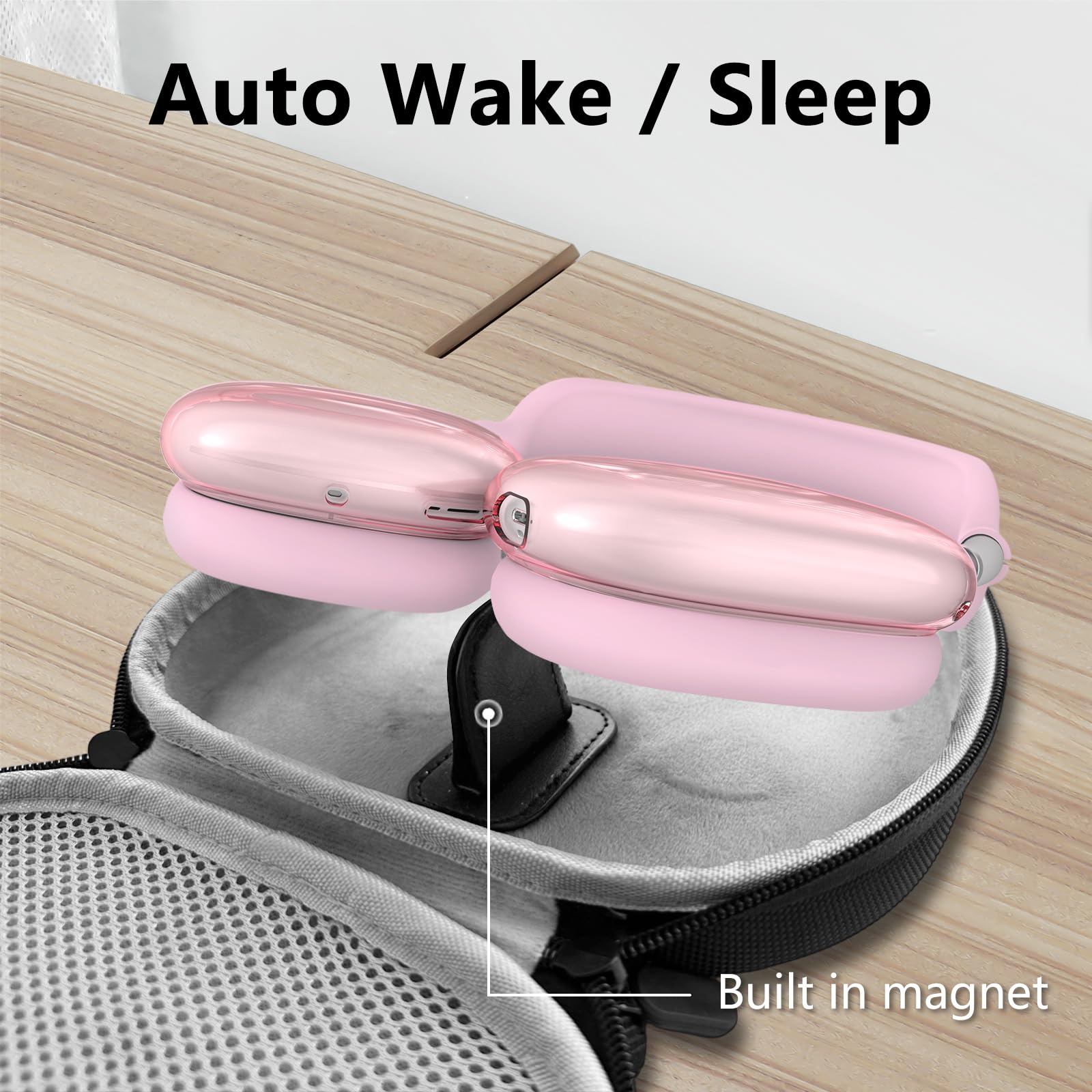 Hard Case for AirPods Max, Travel Carrying Headphone Case with AirPods Max Silicone Earpad Cover/Clear Ear Cups Cover/Headband Cover, AirPods Max Protective Portable Storage Bag with Sleep Mode, Pink