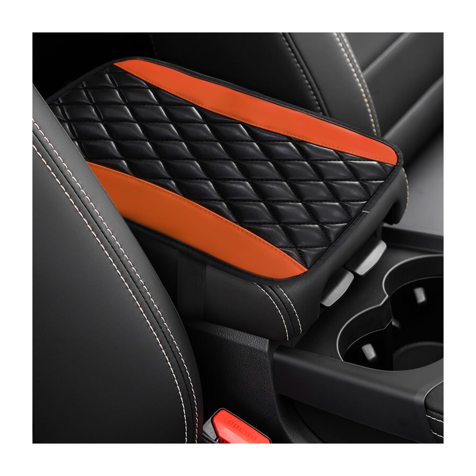 Car Center Console Cushion Pad, Universal Leather Waterproof Armrest Seat Box Cover, Comfortable Auto Armrest Cover Protector, Car Interior Decor Accessories for Most Vehicles (Black & Orange)