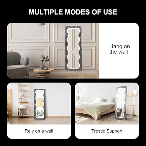 Miniatura 5 de Espejo LED ondulado de longitud completa de 63 x 24 pulgadas, espejo de cuerpo completo irregular, espejo de piso arqueado ondulado, espejo de pared