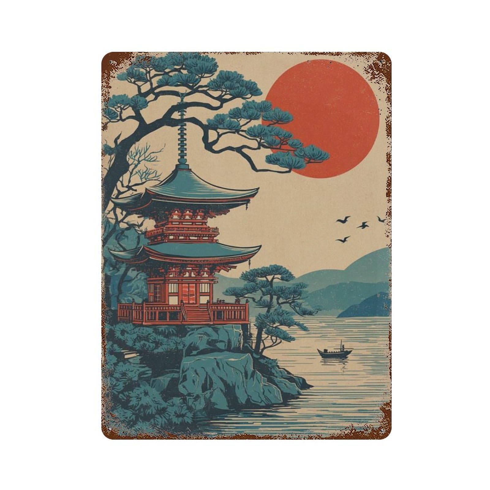 xiaoxiaoshen Japanese Pagoda Lake Red Sun Landscape Asian Scenic Wall Decor Art Metal Tin Poster Modern Home Decor Art Home Bar Shop Decorations Vintage Sign 40x30cm