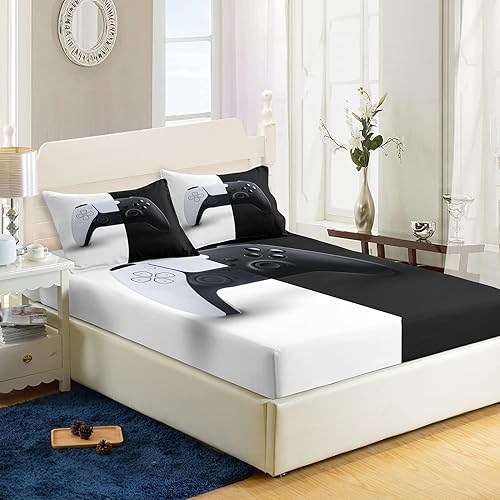 AILONEN Juego de sábanas bajeras de tamaño matrimonial, juego de sábanas con estampado de consola de videojuegos para niños, 1 sábana bajera