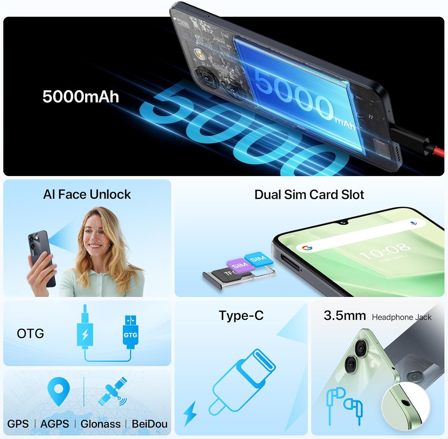 UMIDIGI G9A SIM card slot, Type-C port, 3.5mm headphone jack, and AI Face Unlock feature