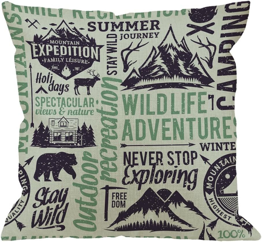 HGOD DESIGNS Camping Pillow Covers,Decorative Throw Pillow Retro Styled Mountain with Animal and Quotes Outdoor Adventures Pillow Cases Cotton Linen Cushion Covers for Home Sofa Couch 18x18 inch