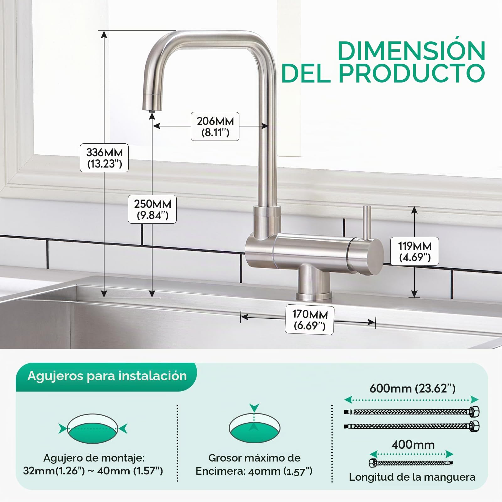CREA Grifo de Cocina de 3 Vías, Grifo Cocina Abatible, Cepillado | Grifo de Fregadero Plegable Giratorio 360°, Grifo Cocina Bajo Ventana de Acero Inoxidable 304, 3 en 1 para Filtro de Agua