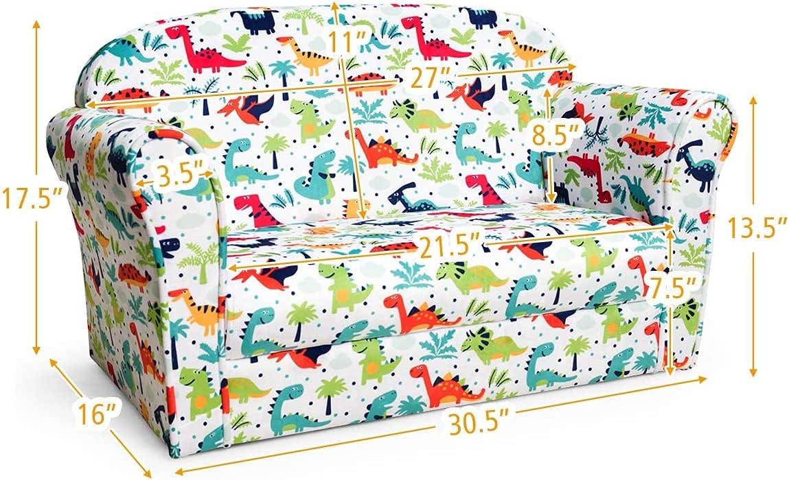 Fireflowery Kid’s Sofa, Toddler Double Couch w/Dinosaur Pattern, 2 Seats Armrest Chair w/Ergonomic High Backrest, High-Density Sponge & Sturdy Wood Frame, Ideal for Bedroom, Living Room