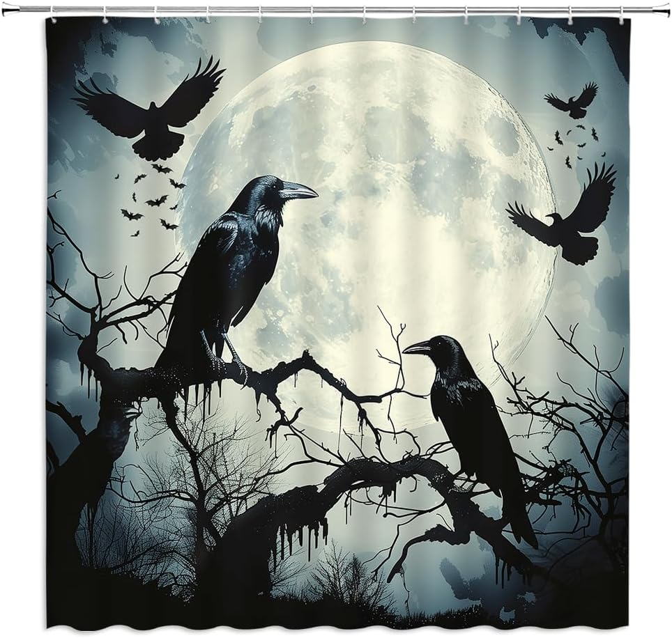 Halloween Raven Shower Curtain Goth Crow on Branch Tree Full Moon Misty Forest Horror Bat Gothic Watercolor Scary Animal Fabric Bathroom Decor Curtains with Hooks,70 x 90