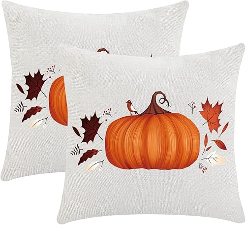 Fundas de almohada de otoño de 18 x 18 pulgadas, juego de 2 fundas de almohada decorativas de doble cara con hojas de arce y calabaza, decoración de