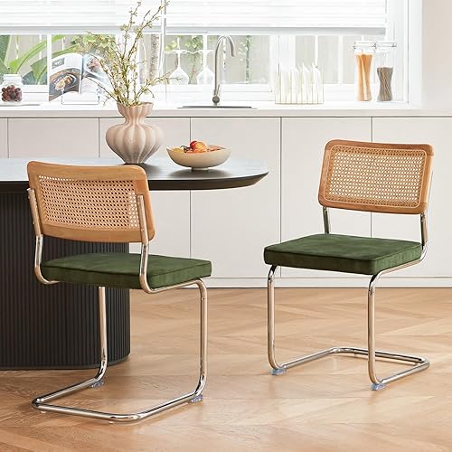 Miniatura 24 de Juego de 4 sillas de comedor de ratán blanco, sillas de cocina modernas de madera de mediados de siglo, sillas de comedor de caña trasera de malla,