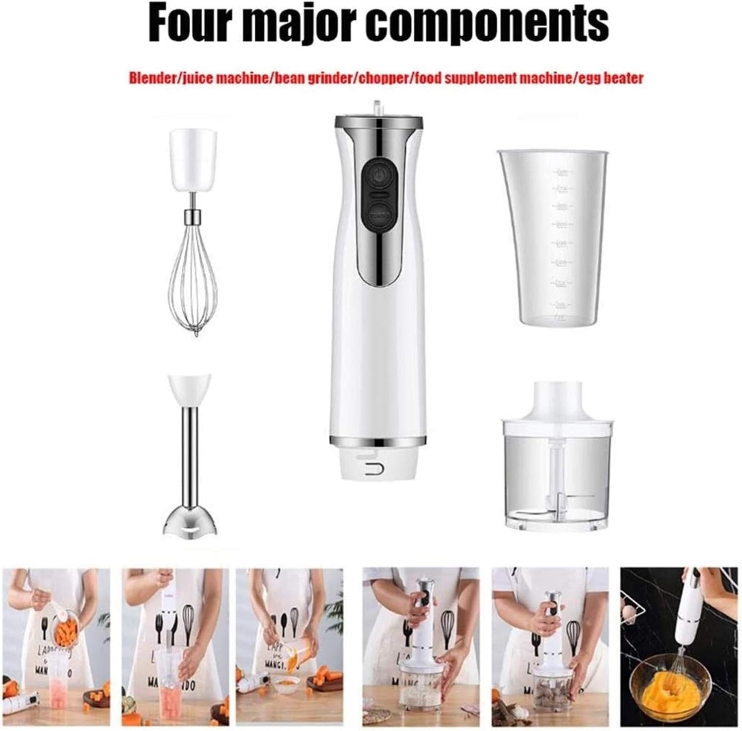 Hand Blender 3-in-1 2-Speed Stick Blender with Milk Frother Egg Whisk for Smoothies Coffee Milk Foam Sauces and Soups – White