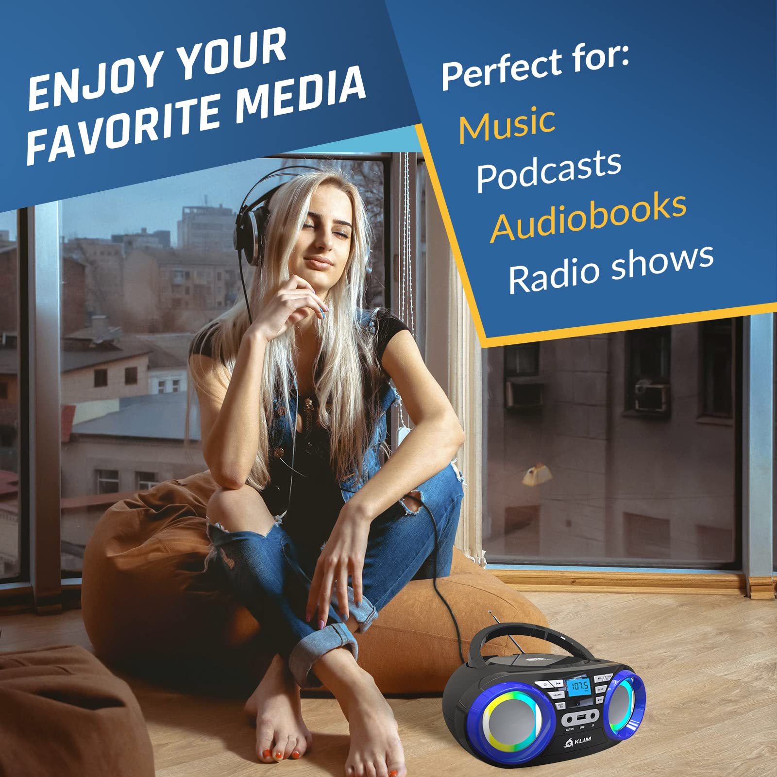 KLIM Boombox B3 przenośny odtwarzacz CD – Nowość 2024 – radio FM, CD, Bluetooth, USB, MP3, Boombox CD, tryb przewodowy i bezprzewodowy z bateriami do ładowania, obiektyw laserowy, przenośny odtwarzacz