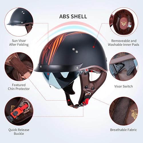 Miniatura 4 de Cascos de motocicleta retro para hombres y mujeres, con cara abierta, visera solar, hebilla de liberación rápida MM107, aprobado por la DOT, casco