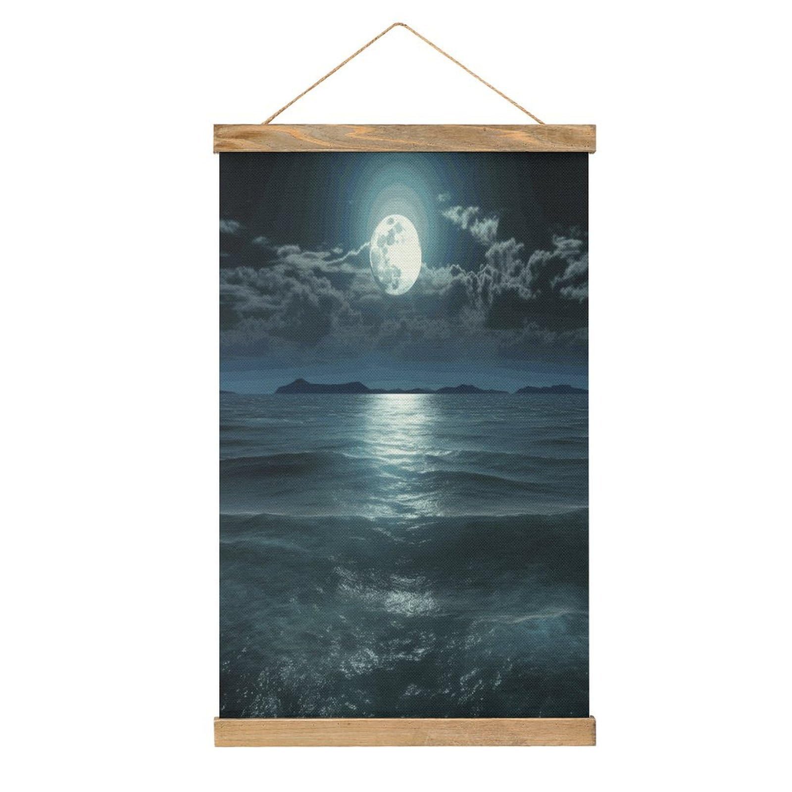 FekiLoot Moon And Sea Linen Hanging Painting Vintage Poster Hanger Frame Wall Decor Art Painting Printed on Linen Without Fading Living Room Office Bedroom Playroom Apartment Decor