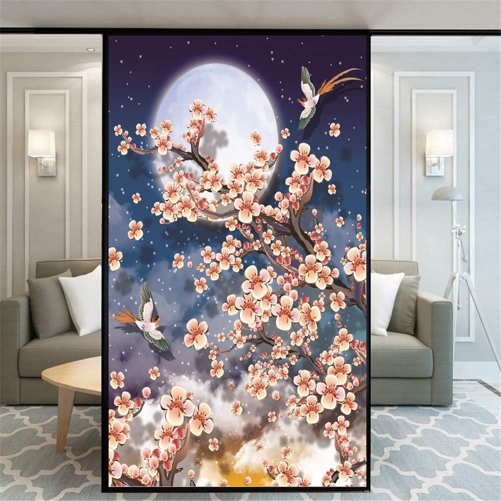 No Glue Decorative Privacy Frosted Window Film Moonlight Cherry Blossoms Pattern Glass Door Window Covering Window Decals Window Sticker for Home Office 75x160cm(29.5"x63")