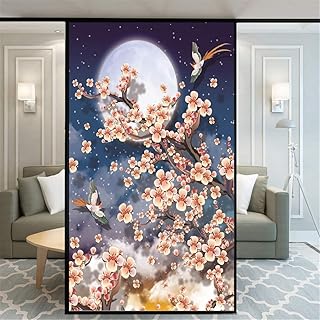 Xijier No Glue Decorative Privacy Frosted Window Film Moonlight Cherry Blossoms Pattern Glass Door Window Covering Window Decals Window Sticker for Home Office 89x200cm(35