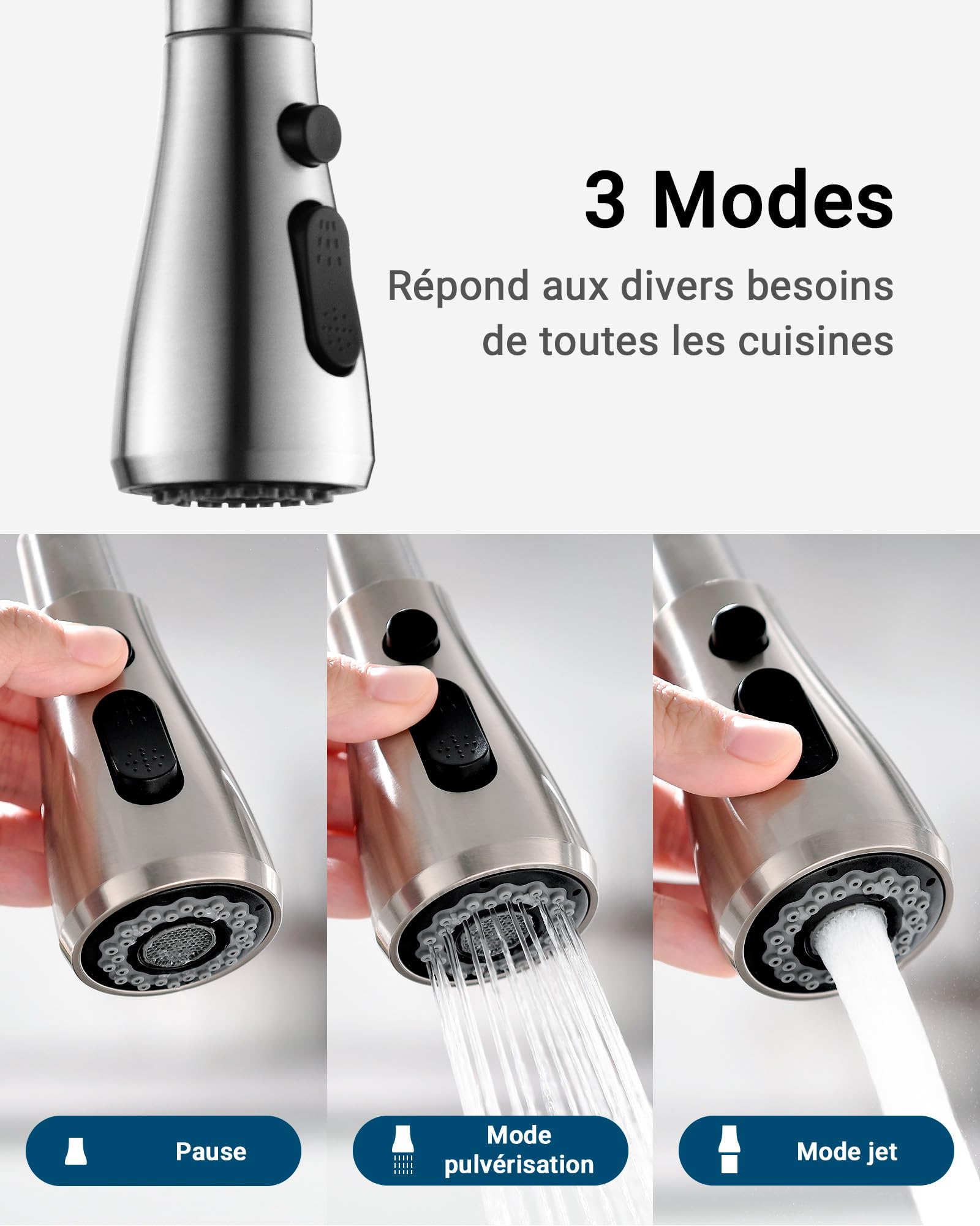 Ibergrif Robinet Cuisine Mitigeur Pivotant 360° Arc Élevé Douchette 3 Modes Pulvérisation Acier Inoxydable