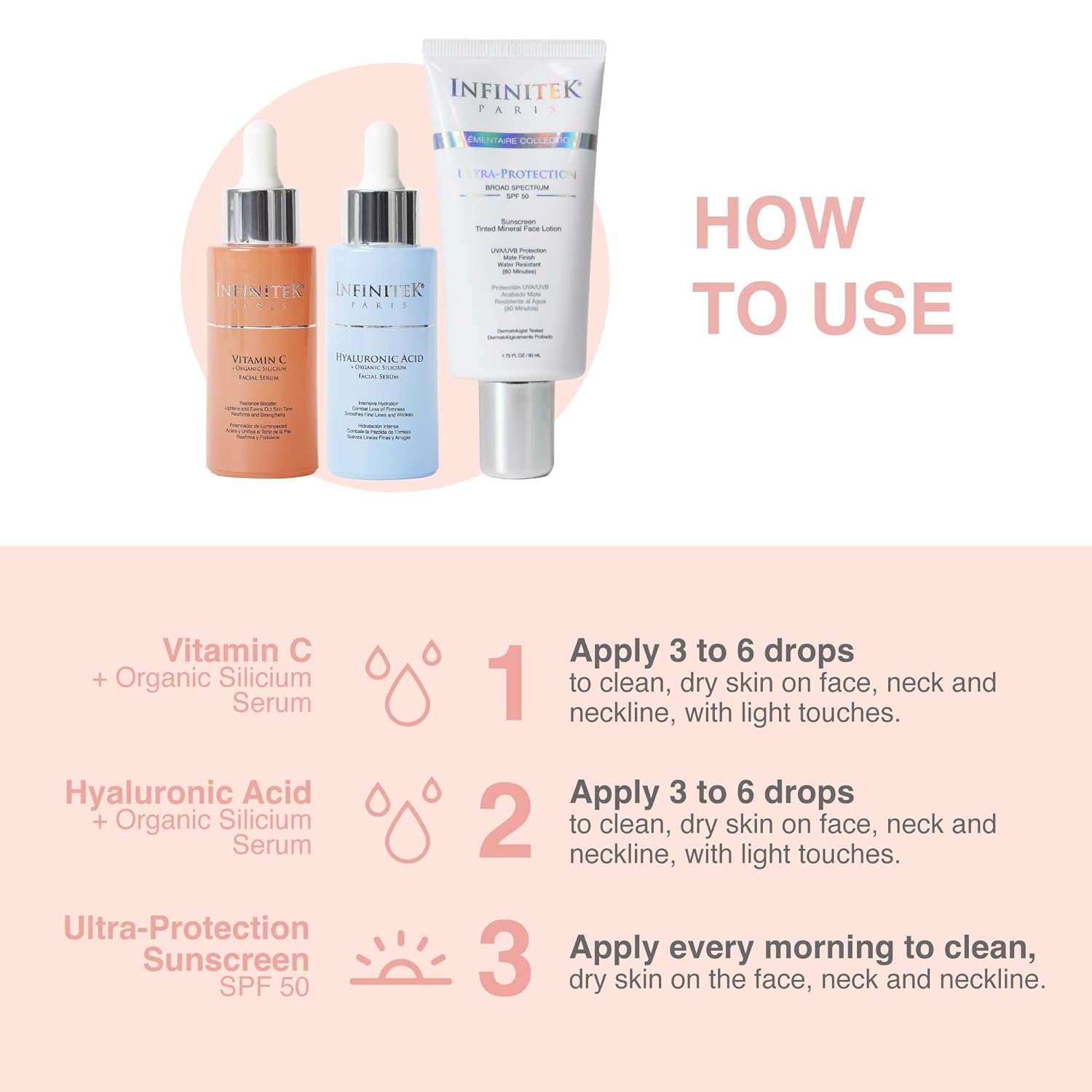 Infinitek® Paris, Essential Kit - Vitamin C + Hyalouronic Acid + Face Sunscreen Tinted