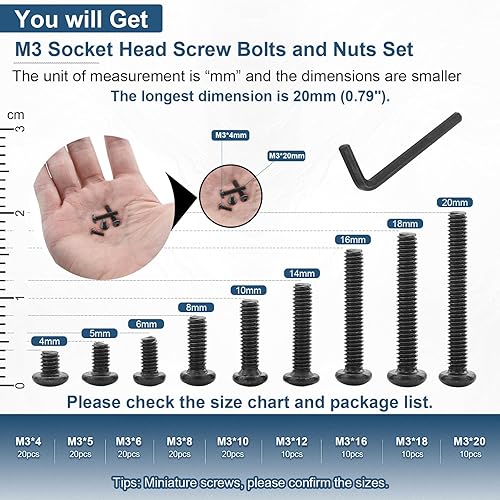 Vista 13 de NINDEJIN 322 piezas de tornillos hexagonales de cabeza de botón, tuercas surtidas con llave Allen, M2.5 x 3/4/5/6/8/10/12/16/0.787 in y tuerca
