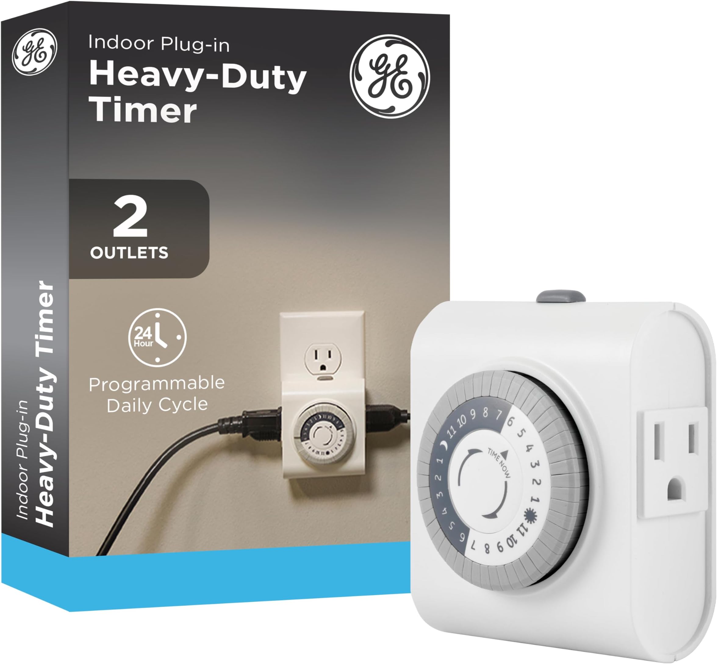 GE 24-Hour Heavy Duty Indoor Plug-in Mechanical Timer, 2 Grounded Outlets, 30 Minute Intervals, Daily On/Off Cycle, for Lamps, Seasonal, Christmas Tree Lights and Holiday Decorations, 15075, White