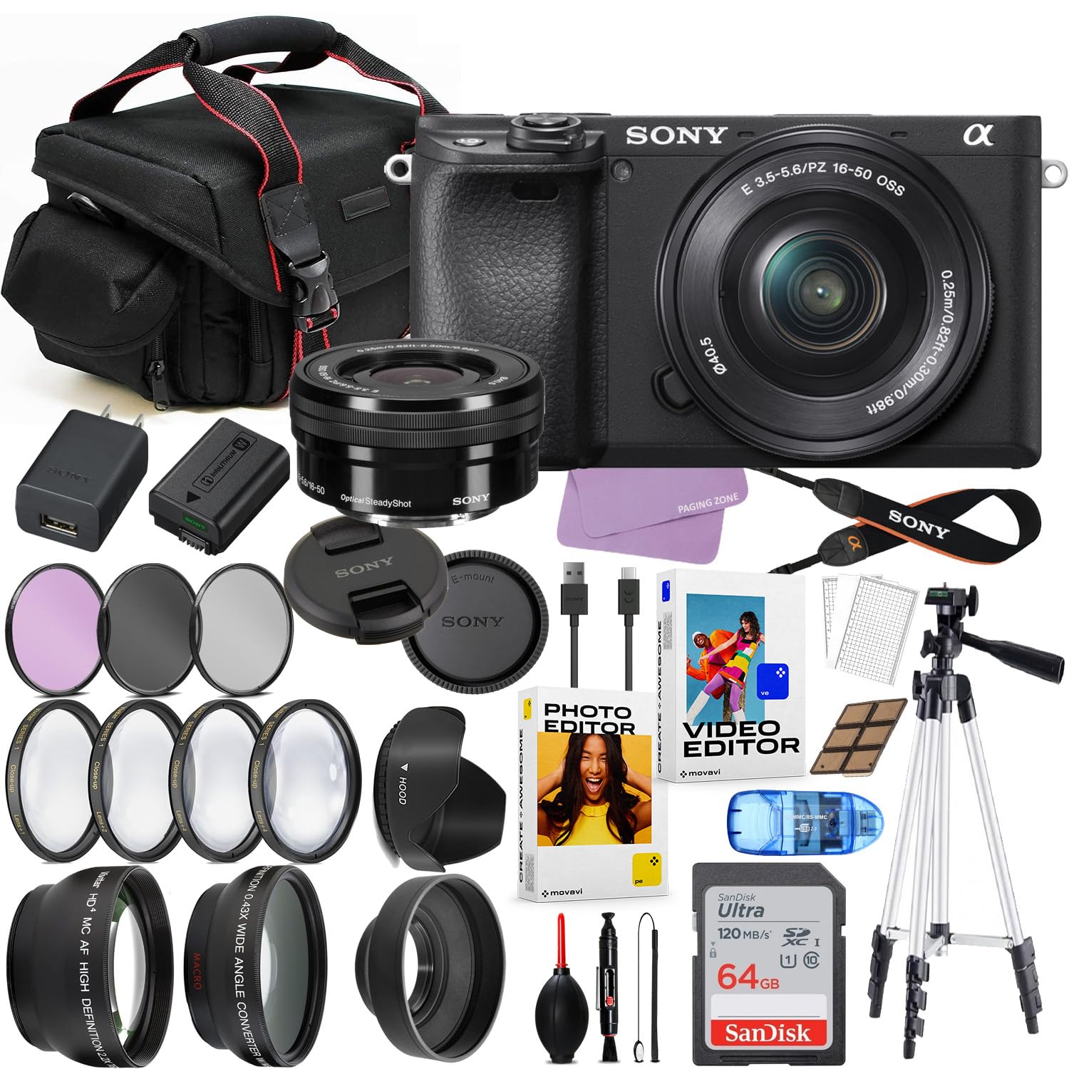 Sony A6400 Mirrorless Camera with 16-50mm Lens Bundle + Commander Optics Accessories Pro Package Including Filters, Auxiliary Lenses + 64GB Memory, Movavi Software Package & More (Renewed)