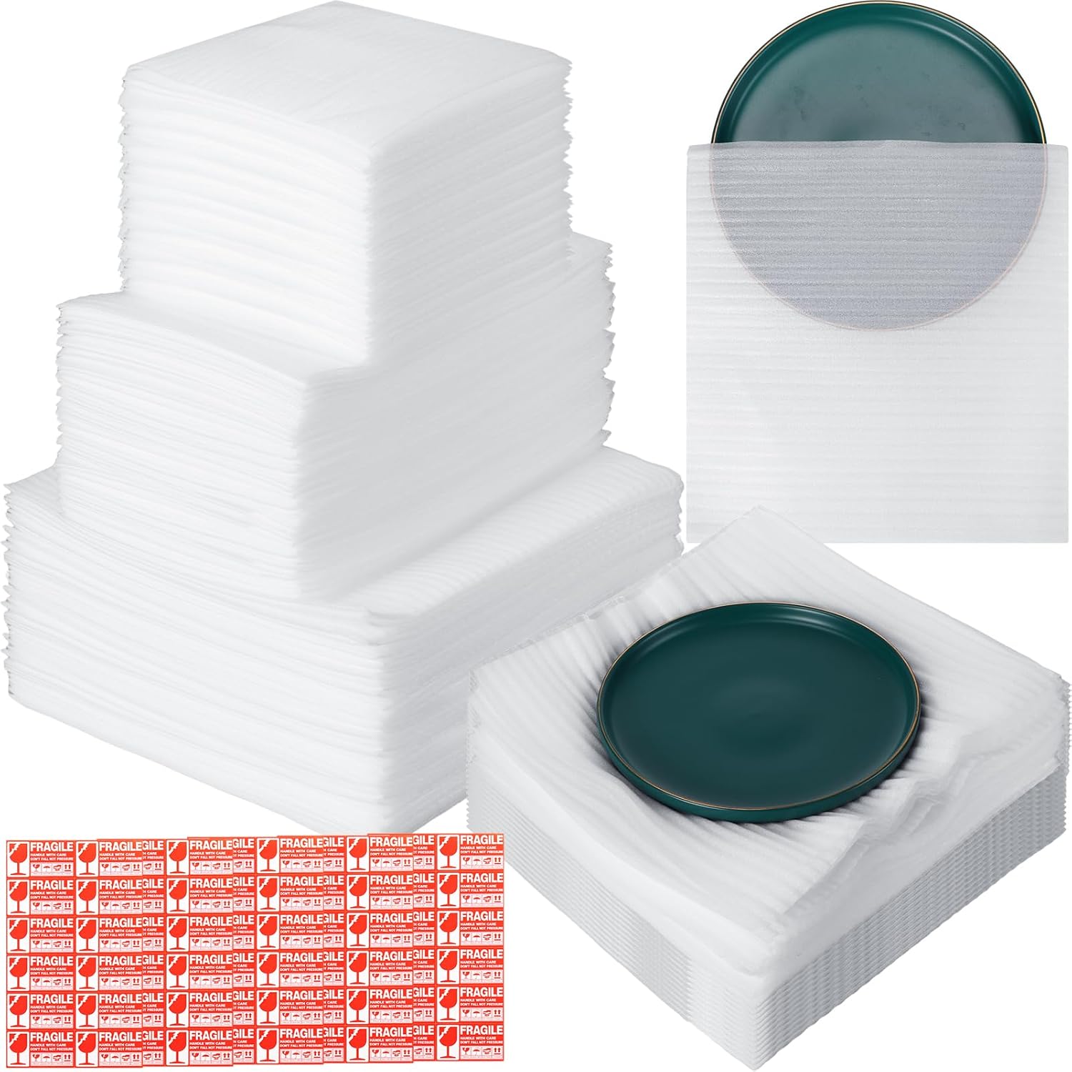 Berlune 200pcs Foam Sheets Foam Pouches Bulk for Packing Dishes Glasses, Packing Supplies for Cushioning Moving Supplies with Fragile Stickers Labels (7.5" X 7.5",7.5" X 12",12" X 12") 200 7.5" X 7.5", 7.5" X 12", 12" X 12"