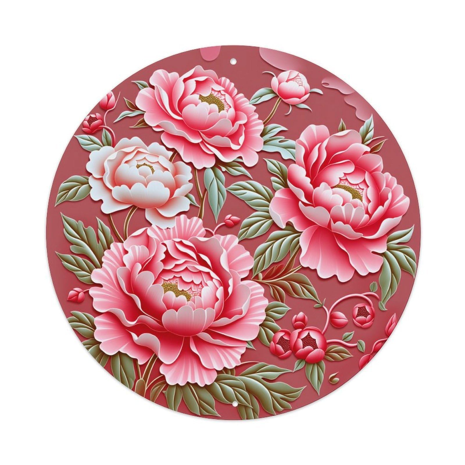 Pink Peony Flowers With Green Leaves Pattern Round Vintage Tin Sign,Retro Wall Art,Metal Poster for Home, Bar, Garage, Cafe, Rustic Indoor & Outdoor Decor, 8x8 Inches