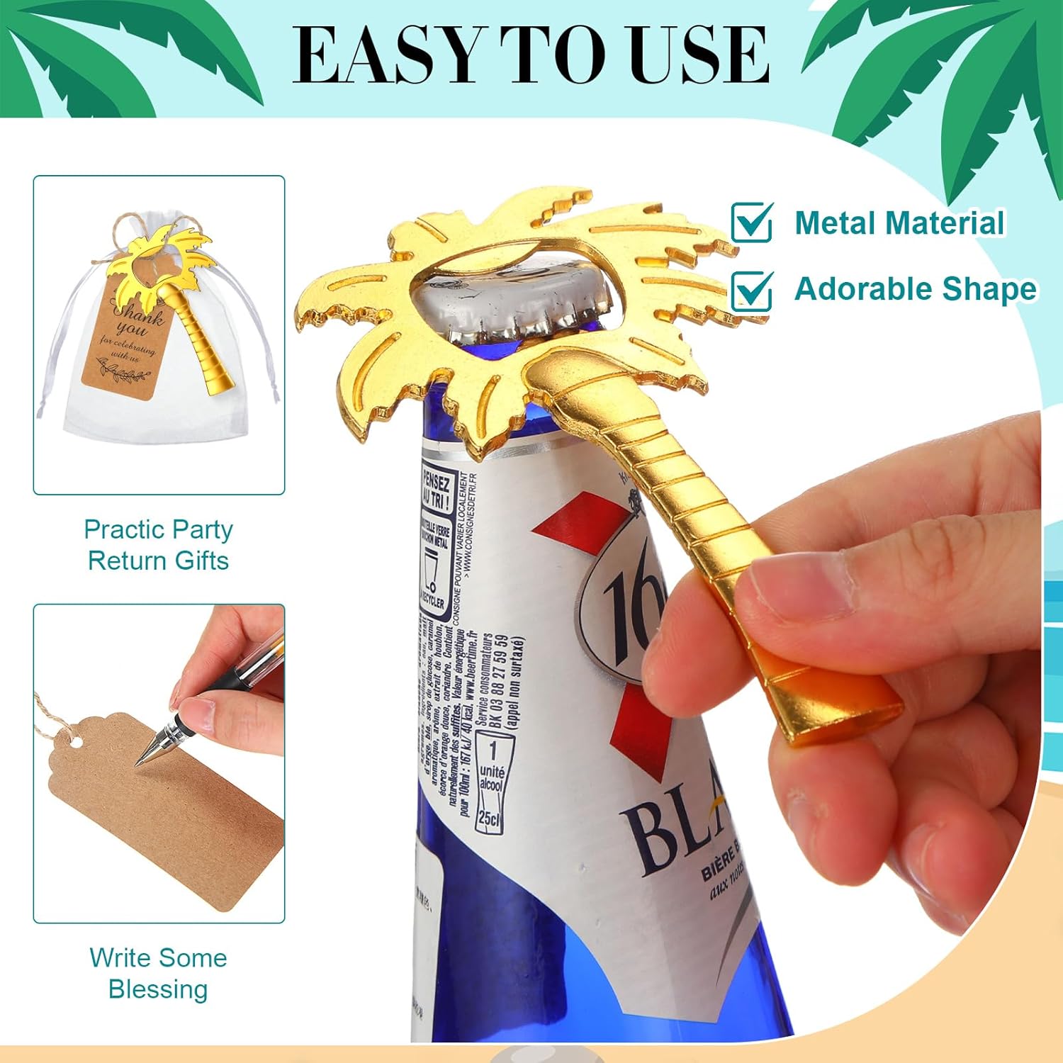 PerKoop 24 Pcs Hawaii Party Bottle Openers Set Gold Bottle Opener with Organza Bag Thank You Tag for Wedding Birthday Baby Shower Summer Tropical Return Gift Favor Decoration (Hawaii Theme)