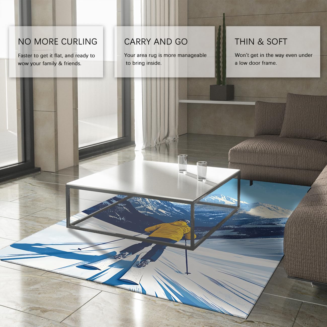 Tapis Montagne enneigée Ski Hiver Sport Aventure Bleu Lavable Tapis Poil Ras Flanelle Douce antidérapant Neige carpette Bureau déco saisonnière 200x300cm