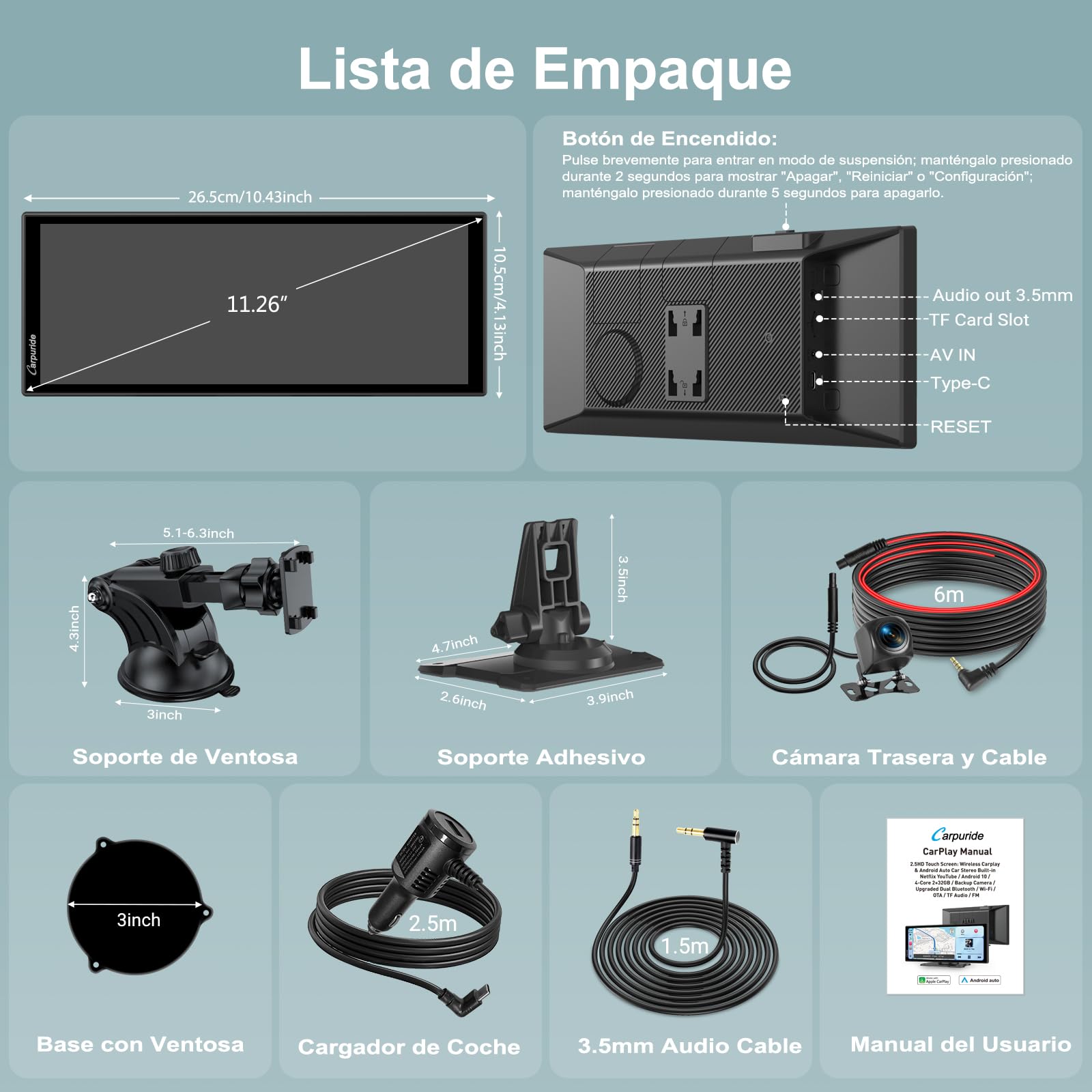 Carpuride W125P CarPlay Pantalla con Net-flix YouTube, Inalámbrico Carplay y Android Auto, 11,26" HD Táctil Pantalla con Cámara Reversa, Android OS, Pantalla Dividida, OTA, Navegación/Siri, BT/FM/AUX.
