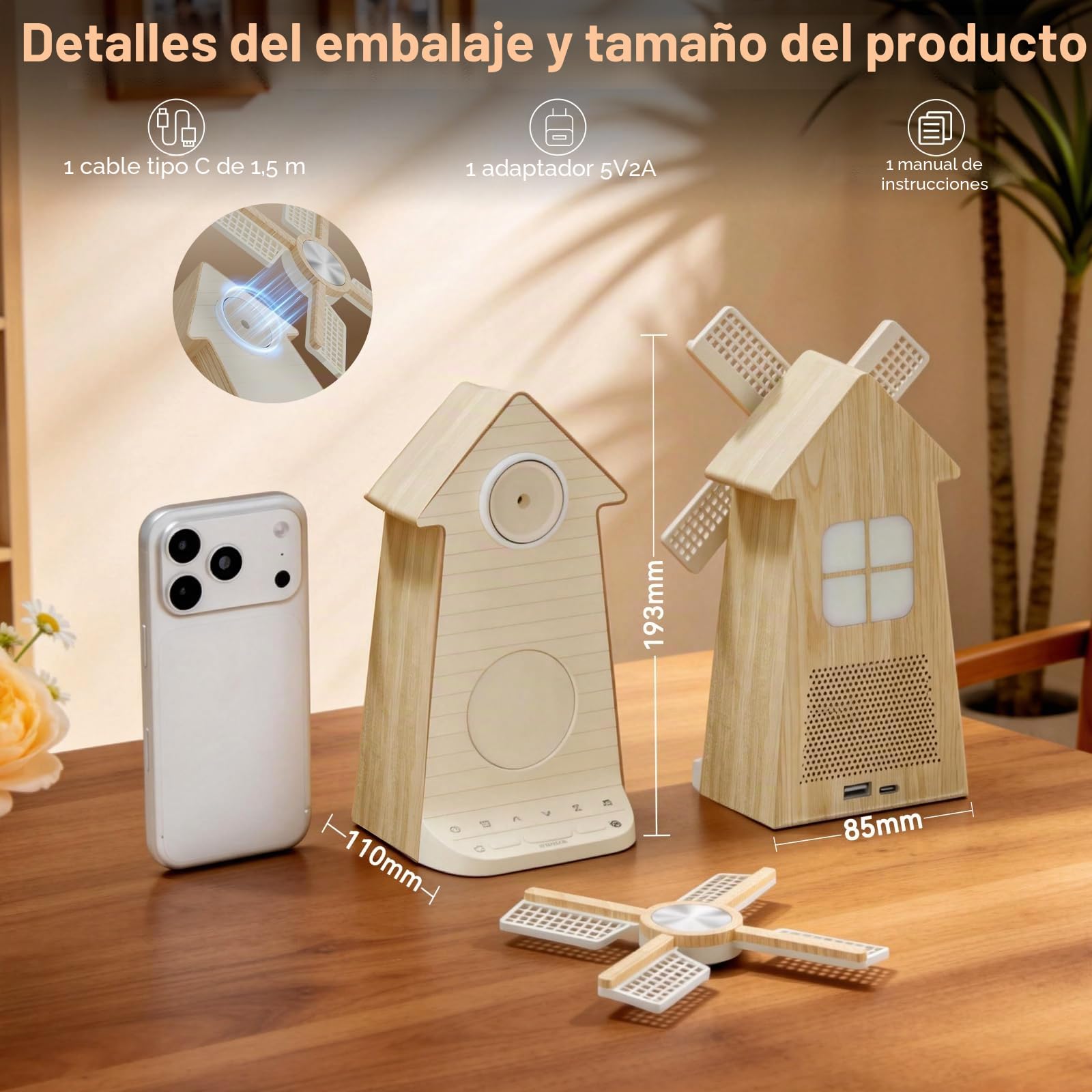 RETEYUNG Despertador Molino Viento Giratorio Amanecer, Puerto Carga USB | Reloj Despertador, Luz Nocturna, Alarma LED con Función Snooze, 20 Sonidos Relajantes, Regalo para Niños y Adultos