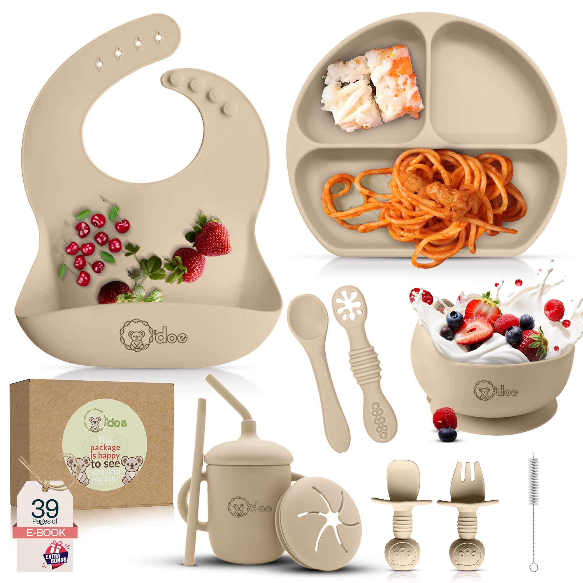 o'doe 11-Piece BPA-Free Silicone Solid Baby Feeding Set | Thick & Soft Suction Plates, Baby Food Bowl, Wooden Fork & Spoon, And More | Make Mealtime Fun And Easy For Your Little One | Beige V1