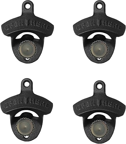 Jumiok Abridor magnético de botellas de cerveza negro con imanes integrados para atrapar la tapa de la botella (4 paquetes)