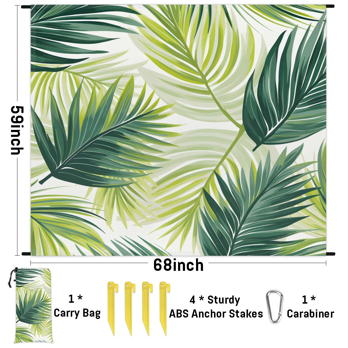 Eabrults Waterproof Sandproof Beach Blanket, 59''×68'' Vegetative Polyester Outdoor Picnic Blanket with 4 Stakes & Storage Bag for Beach,Camping,Vacation Green Leaves