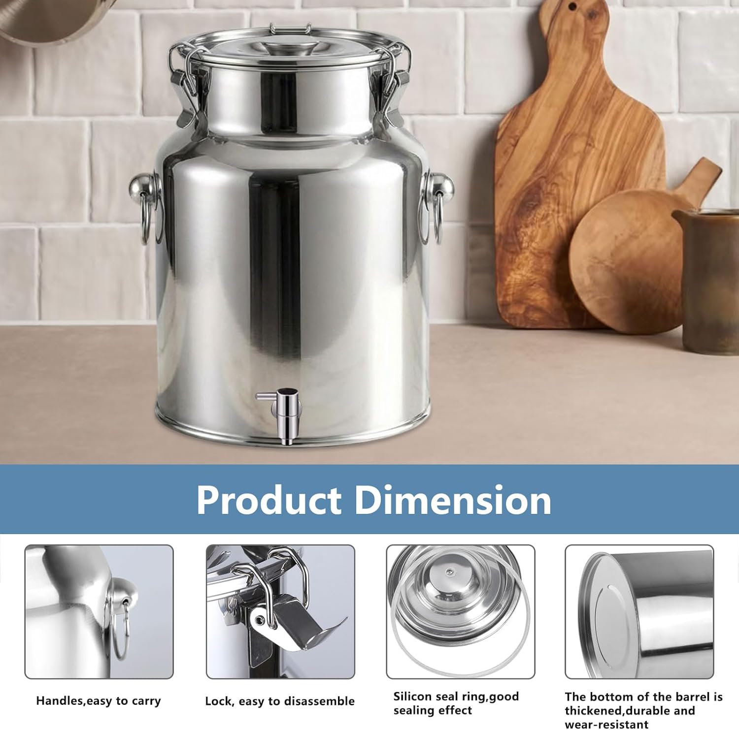 AIZYR Stainless Steel Milk Bucket, Milk Can with Spigot Airtight Canister Milk Jug Liquid Storage Container for Milk Wine Oil Grain Rice,18L 25x40CM