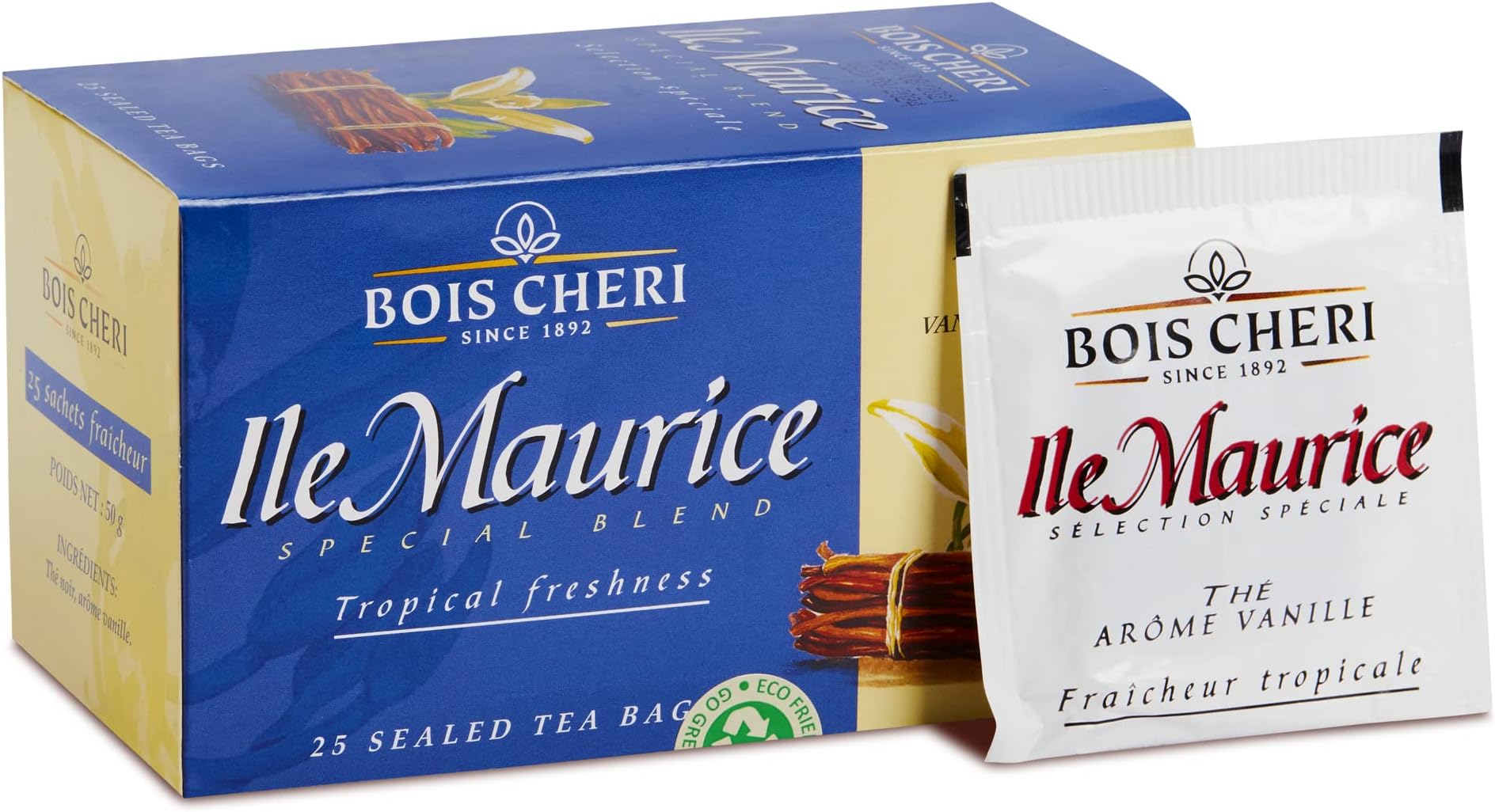 25 Count Bois Cheri Mauritian Black Vanilla Tea Bags - Premium Organic Tea Bags from Mauritius - Unique Gifts for Tea Lovers - Individually Wrapped, Gluten-Free, and Non-GMO