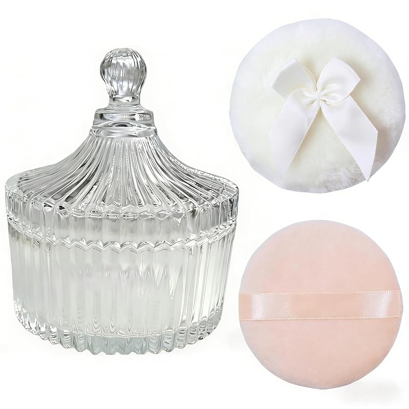ZHIYE Conjunto com 2 Esponjas para Pó Corporal e Facial com Recipiente de Vidro